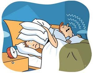 cartoon of a woman in bed who can't sleep because of a snoring partner