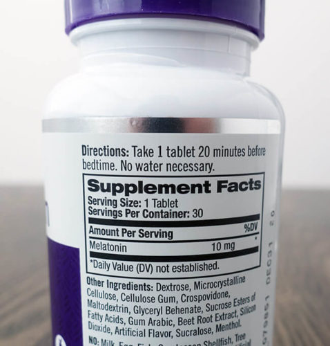 Natrol melatonin bottle label showing the ingredients