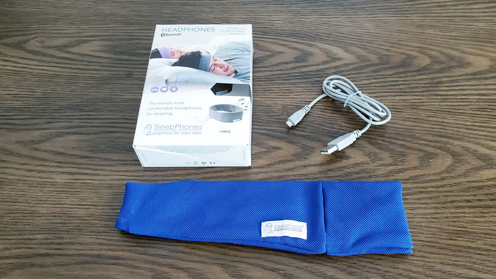 Acousticsheep Sleepphones headphones, original box, and charging cable