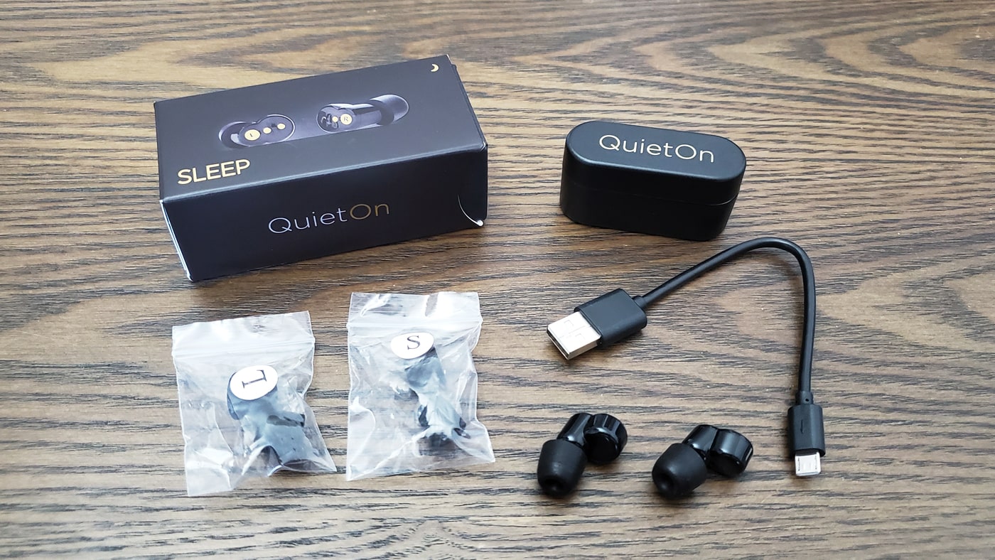 Quieton 2 earbuds with box, charging cable, extra tips and charging case
