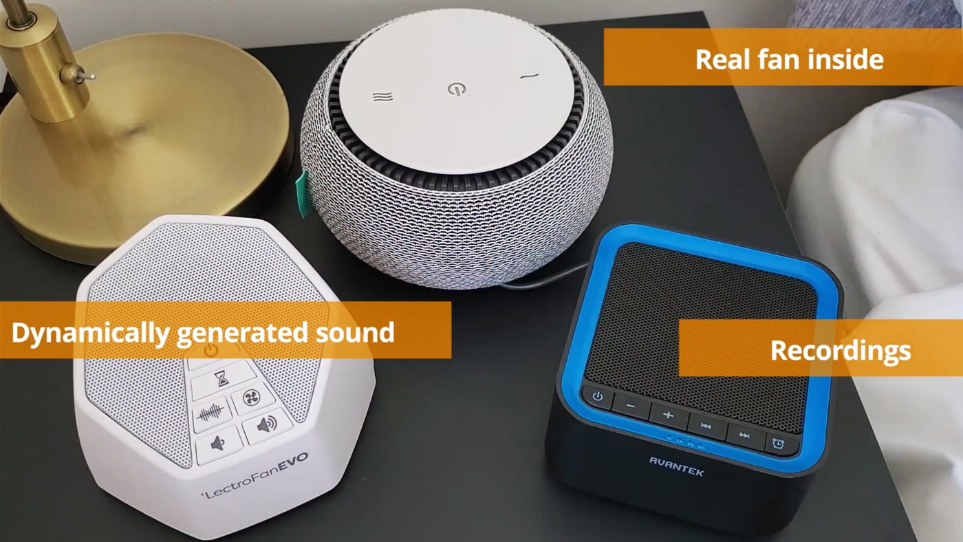 photo of the snooz, avantek and lectrofan evo white noise machines