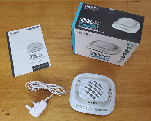 photo of the homedics sound spa rejuvenate with the box, power adaptor and instruction manual