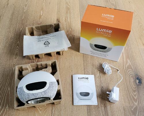 photo of the lumie bodyclock 300 wake-up light, the box, manual and power adaptor