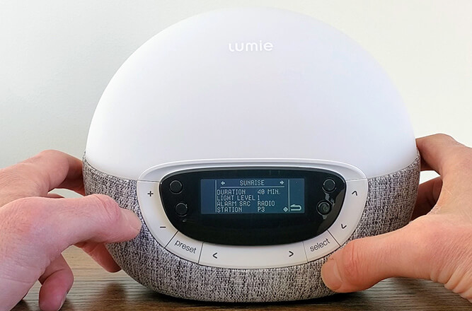 close up photo of the sunrise settings screen on the lumie bodyclock shine 300 