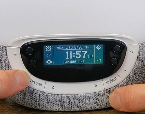 lumie bodyclock main screen showing the FM radio station 102.400 MHZ