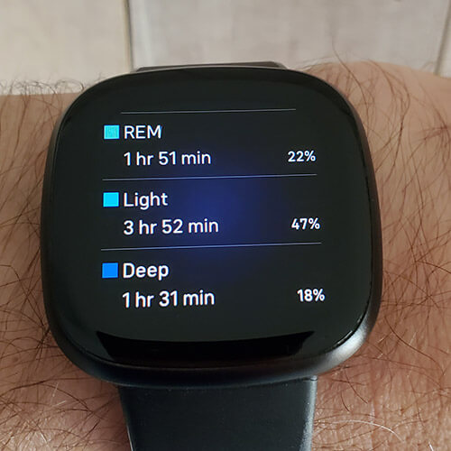 fitbit versa 3 watch showing the sleep stages of REM, light and Deep for one night