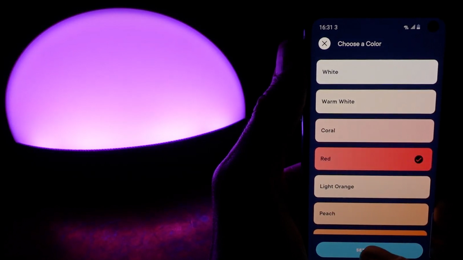 photo of the hatch restore smartphone app showing some of the color options