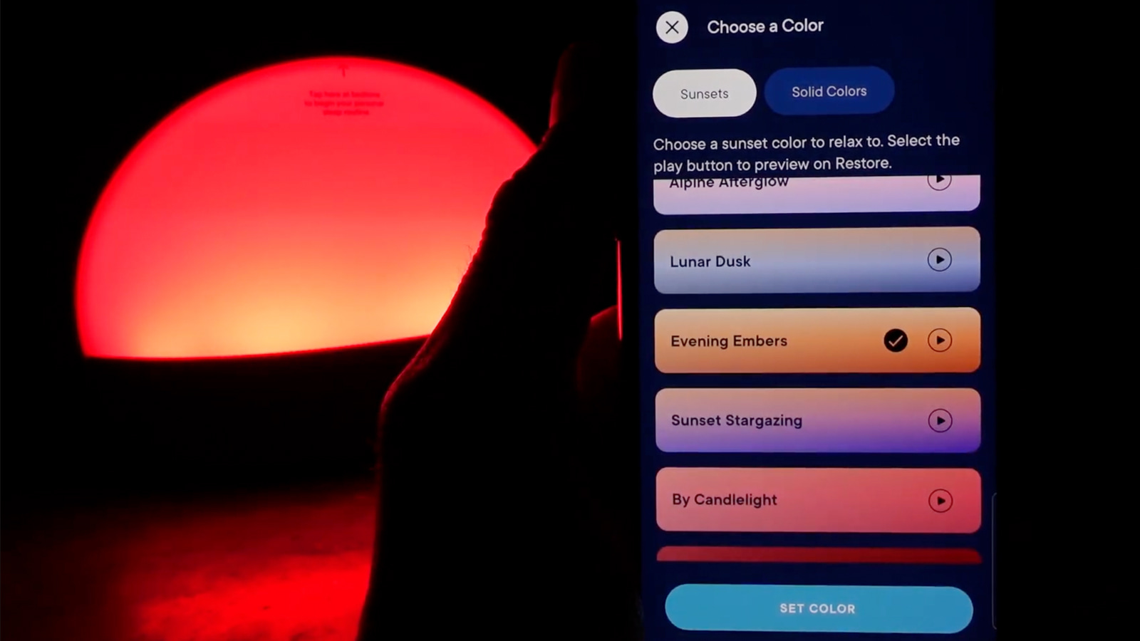 app screen showing the hatch restore sunset options
