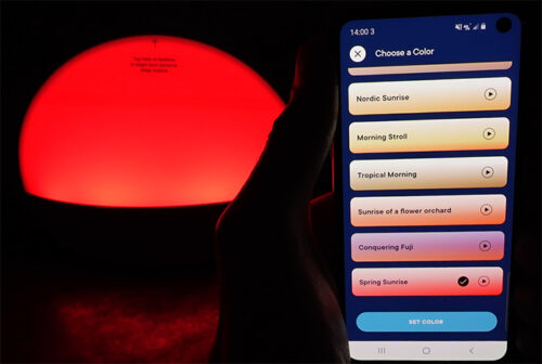 photo of the Hatch Restore app showing the wake-up light sunrise choices