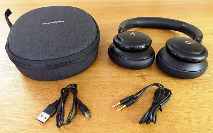 photo of the Soundcore Life Q30 headphones, carry case, and cables included