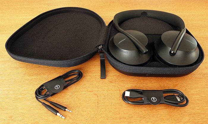 photo of the the Bose Noise Cancelling Headphones 700, the carry case, and charging cable