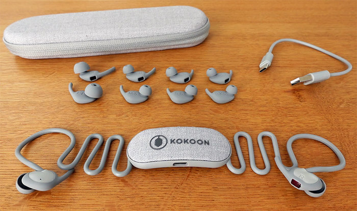 photo of the kokoon nightbuds, spare tips, carry case, charging cable