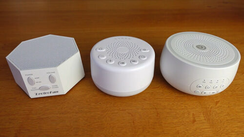 photo of the easysleep, lectrofan classic and yogasleep dreamcenter white noise machines side by side