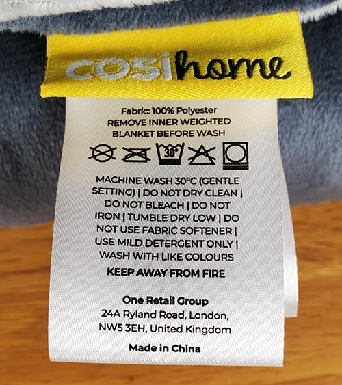 Cosi Home weighted blanket cover care label