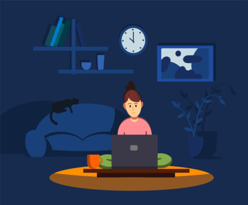 cartoon image of a girl working on her laptop late at night