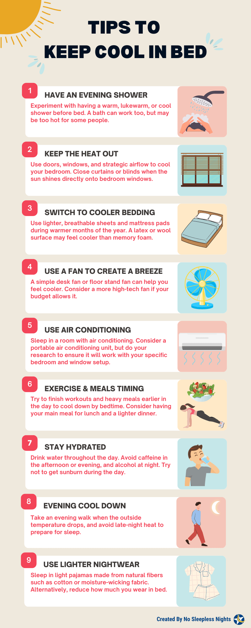 infographic with a selection of tips to keep cool in bed