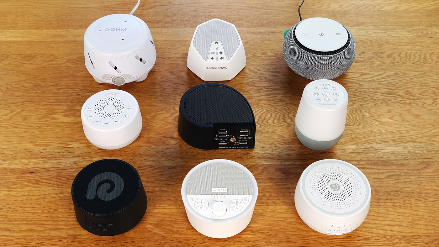 Sound+Sleep Aquarius on a table with eight other white noise machines