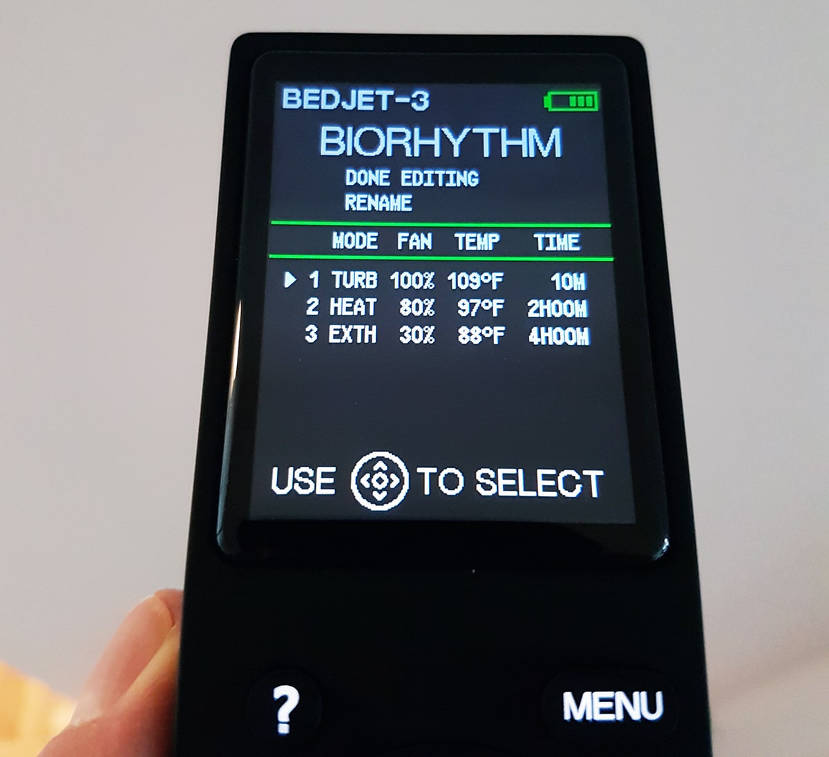 bedjet 3 biorhythm feature steps on the remote control