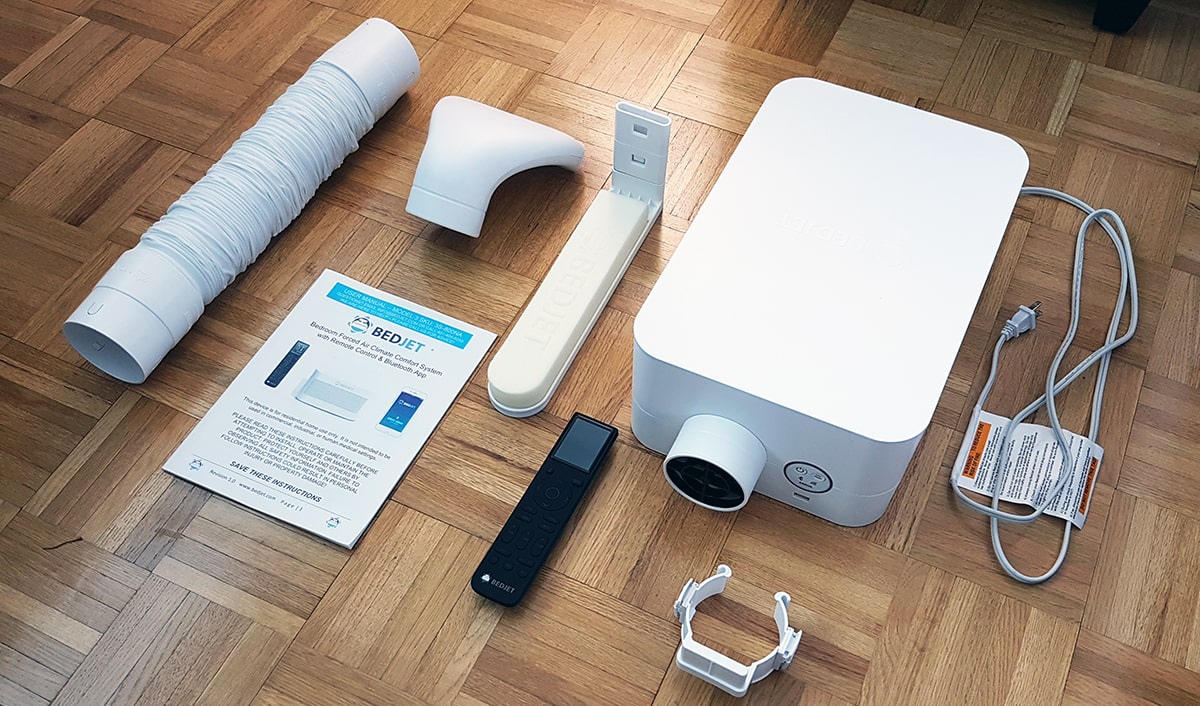 all parts of the bedjet 3: base unit, remote control, nozzle and pieces to attach to the mattress