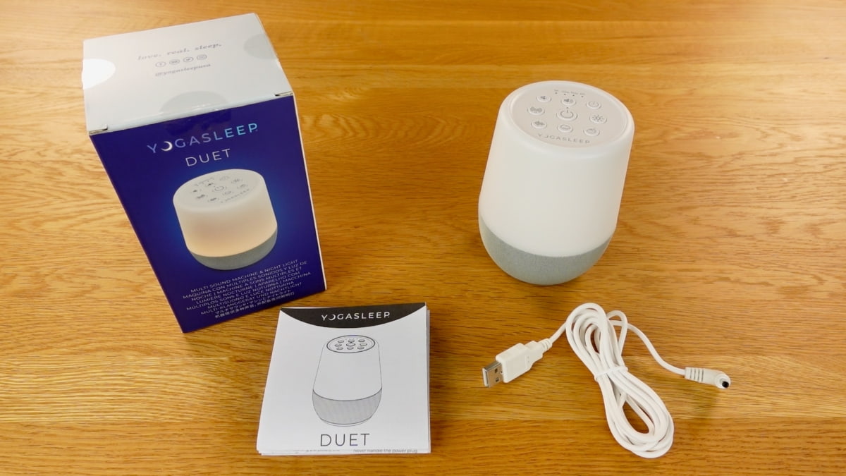Yogasleep Duet with the box, manual, and cable