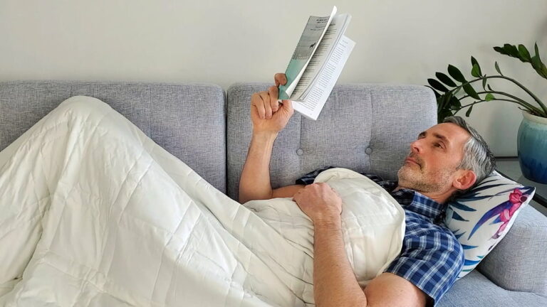 man with the Baloo weighted blanket