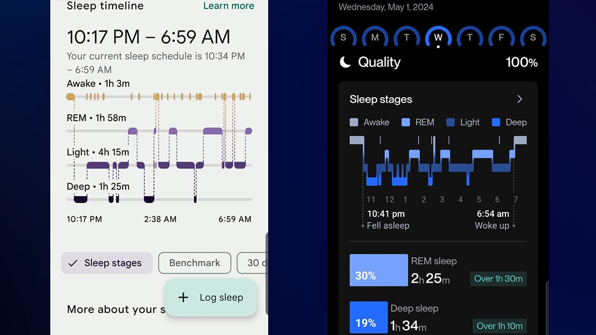 screenshot showing the Fitbit and Eight Sleep sleep tracking data graph from night 1