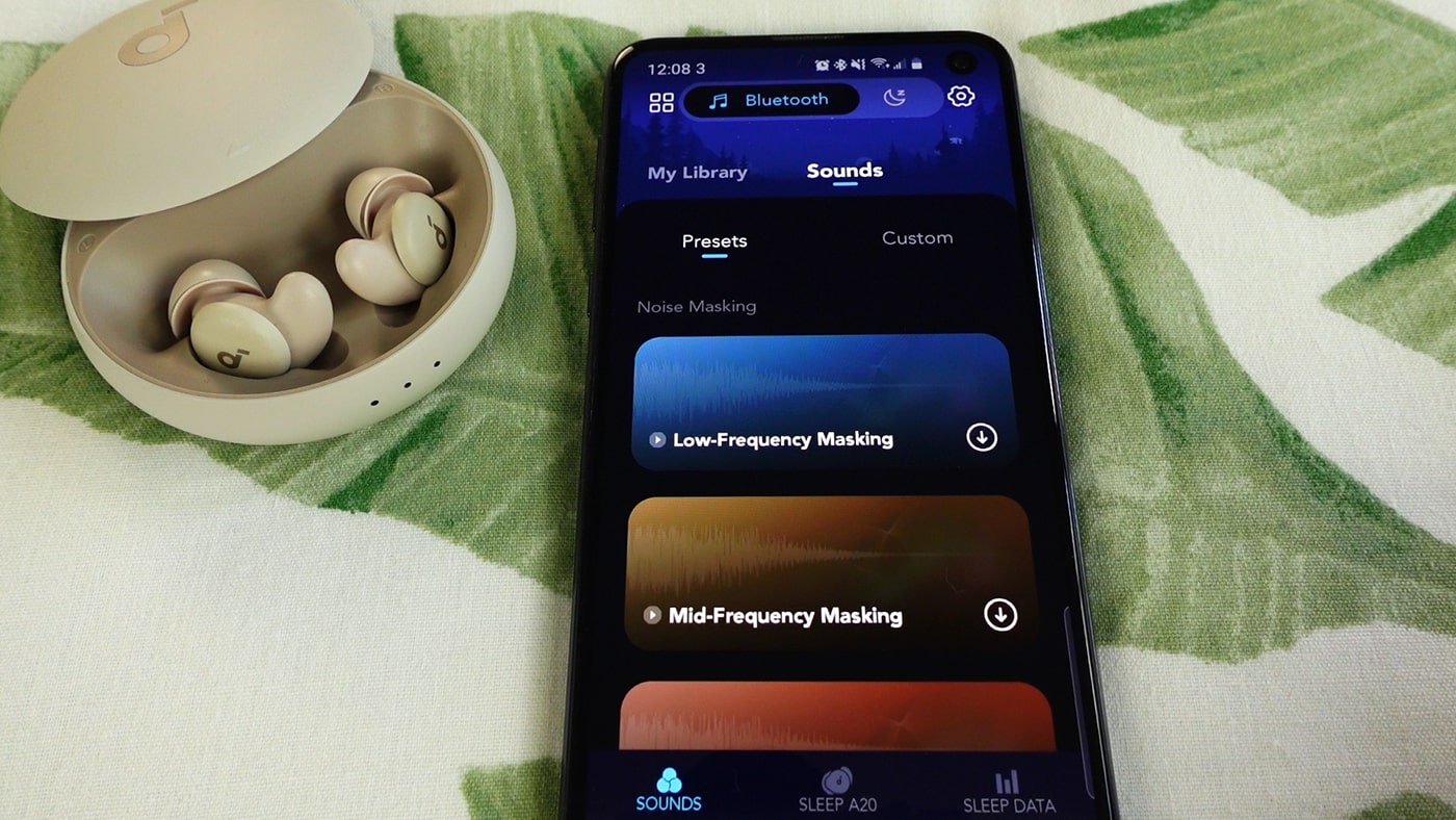 soundcore sleep A20 app screen showing noise masking sounds