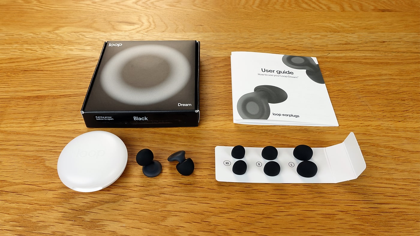 Loop dream earplugs, original box, carry case, manual, and spare tips