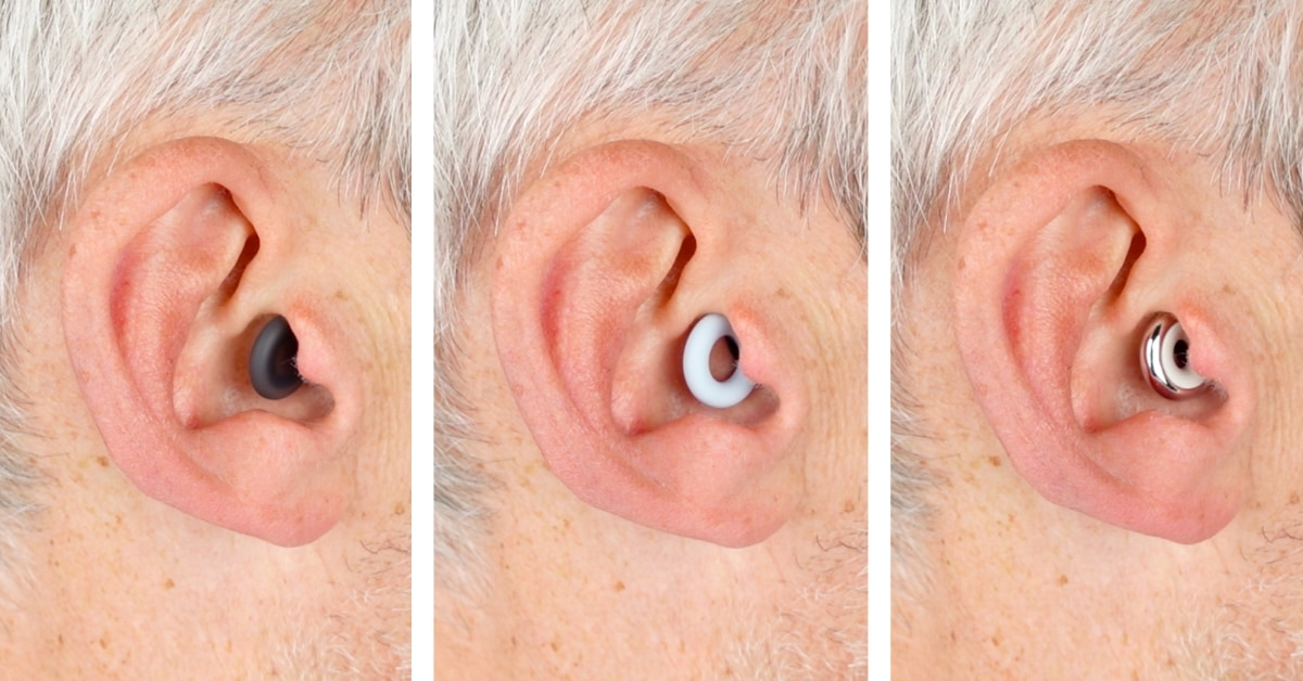 three comparison photos of the Loop earplugs being worn in the same ear