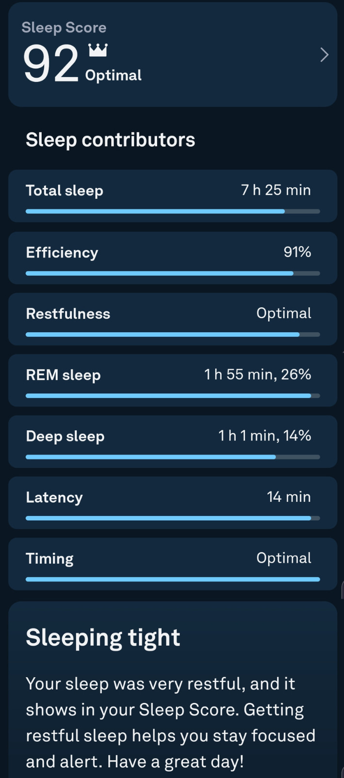 screenshot of the Oura ring app sleep contributors data