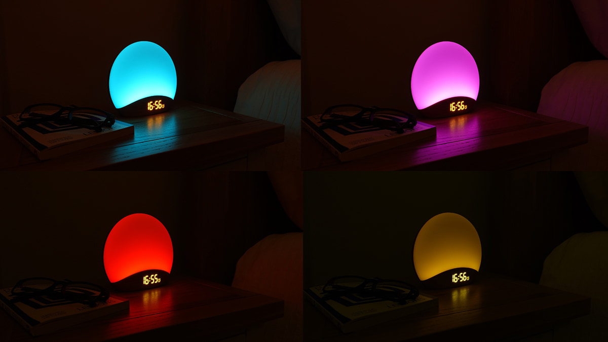 4 photos of the Reacher Sunrise Alarm Clock showing the blue, purple, red, and yellow light settings