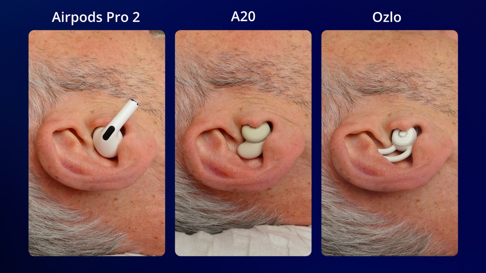 photo of the same ear wearing the Apple AirPods Pro 2, Soundcore sleep a20 and Ozlo sleep buds