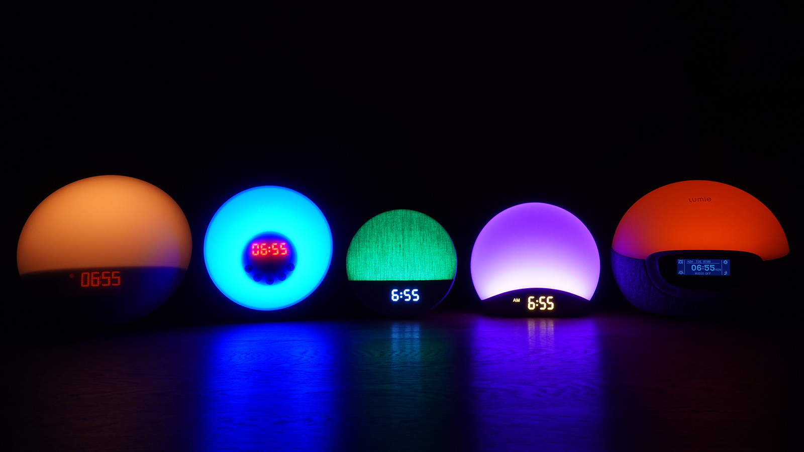 5 sunrise alarm clocks on different colour settings