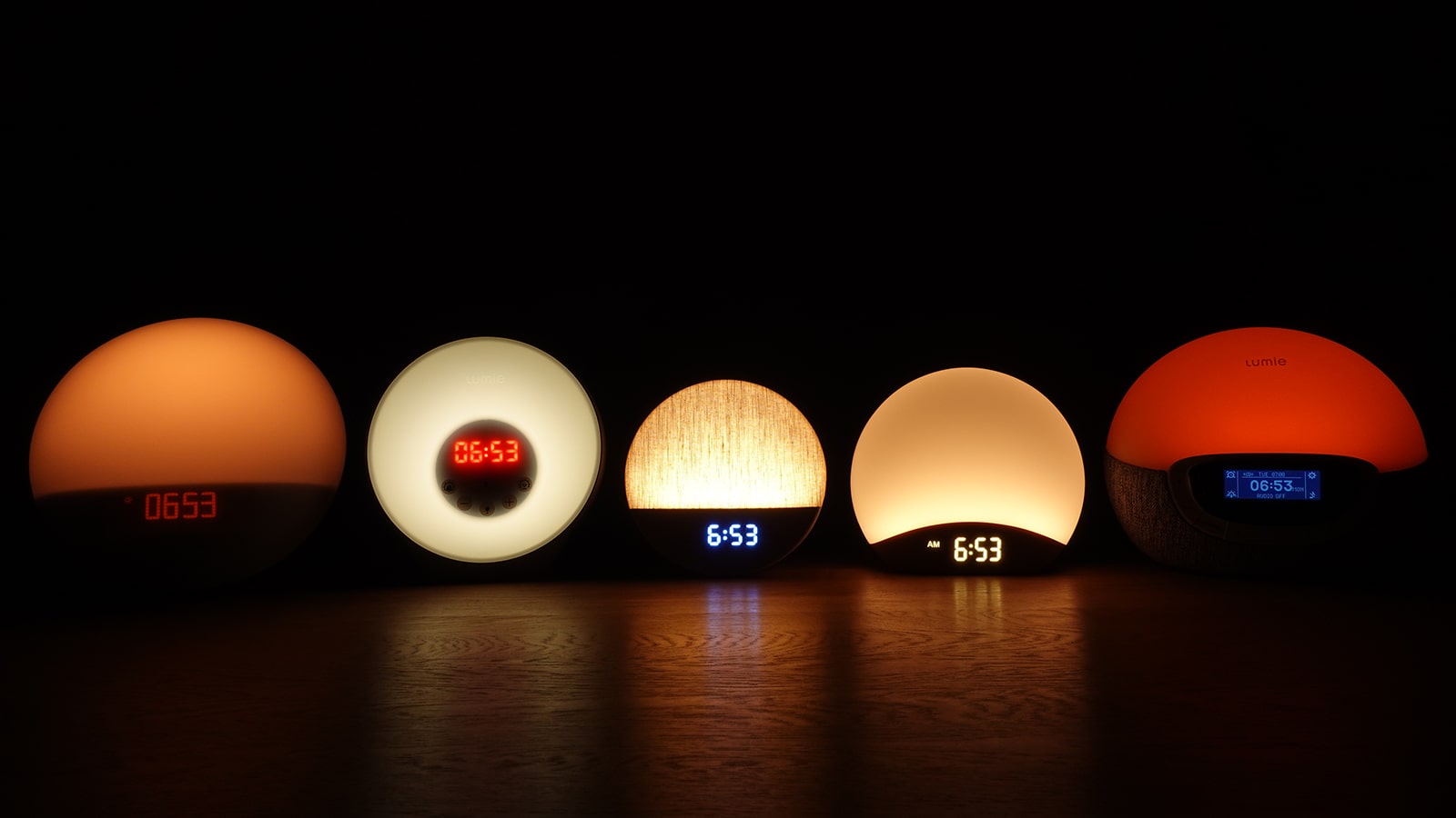 5 sunrise alarm clocks on a lower brightness setting