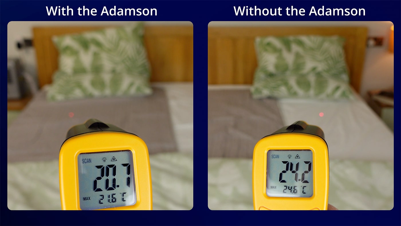 side by side photos of an infrared thermometer gun doing Adamson b10 temperature tests