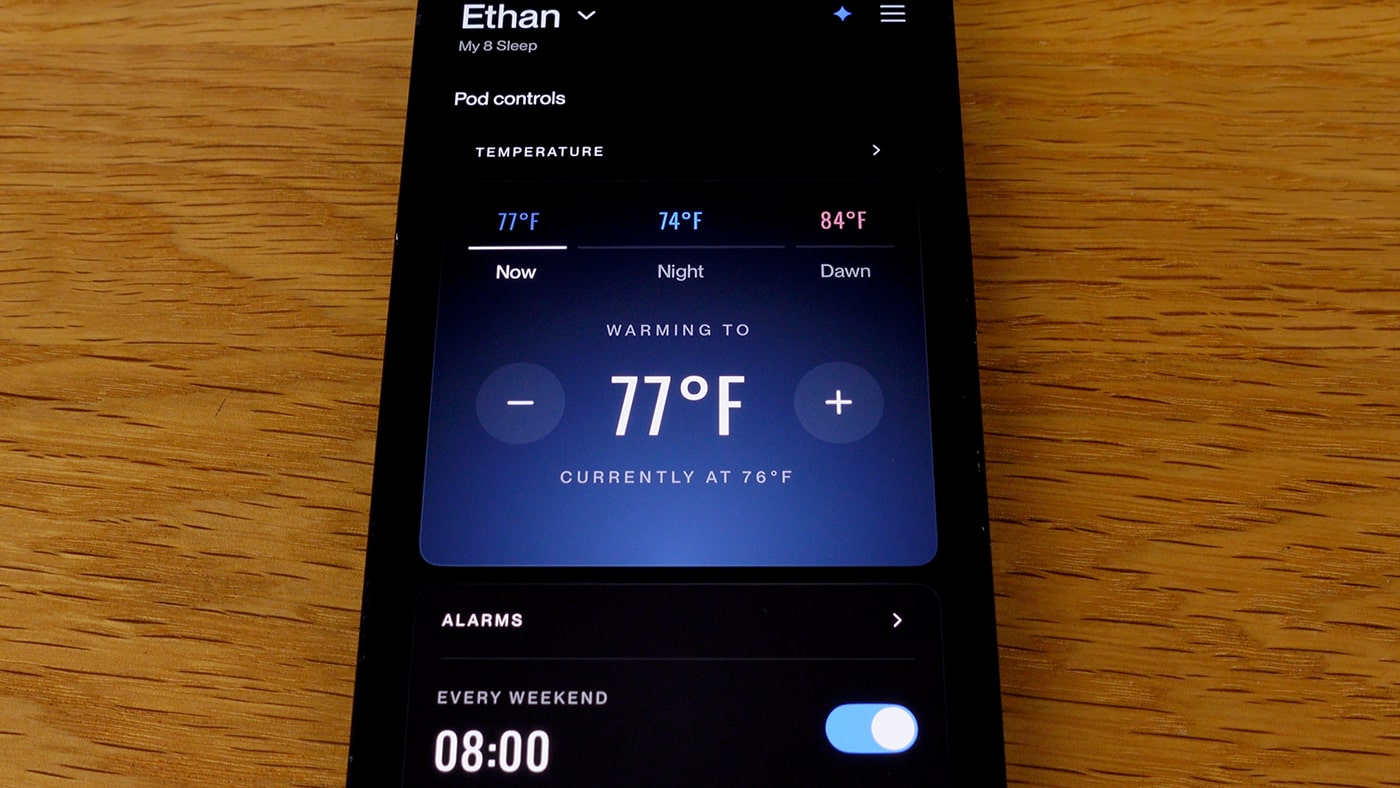 Eight Sleep pod 5 app screen showing the temperature zones