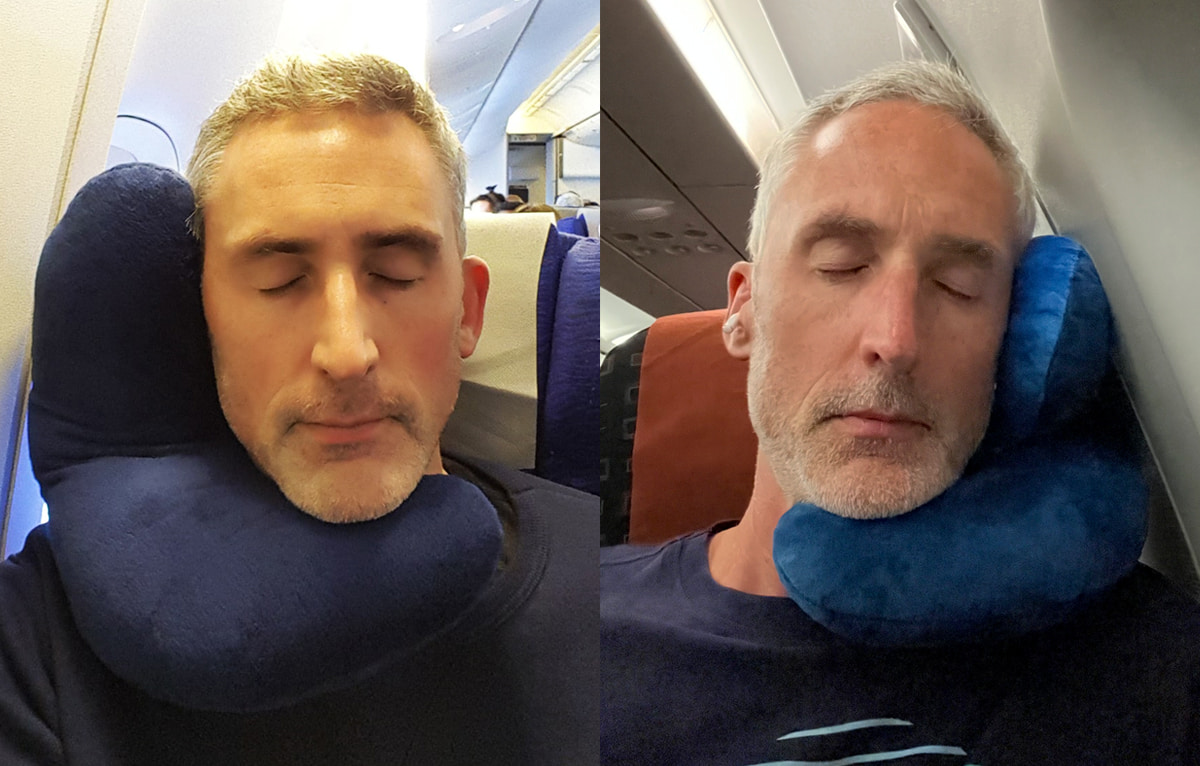 two photos of a man using the J-pillow on different flights