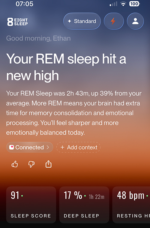 example screenshot of the new Eight Sleep app sleep report