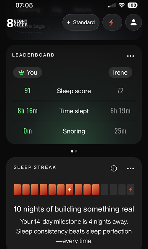 example screenshot of the Eight Sleep app showing the sleep streak and leaderboard