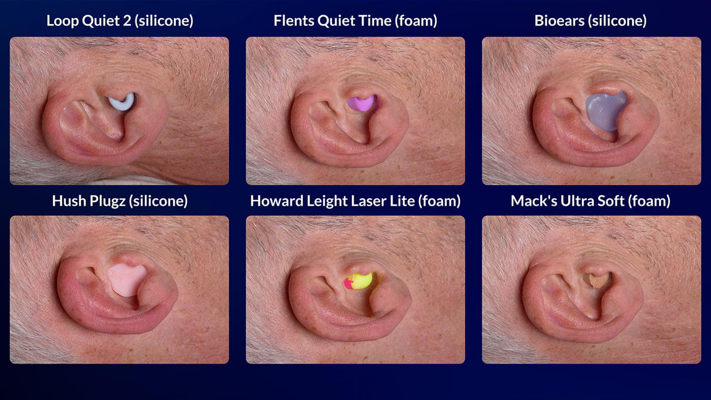 6 individual photos of a man's ear with different earplugs