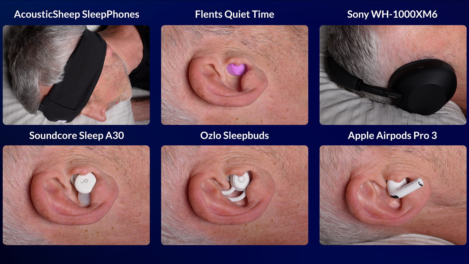 five photos of a man demonstrating five headphones and 1 earplug