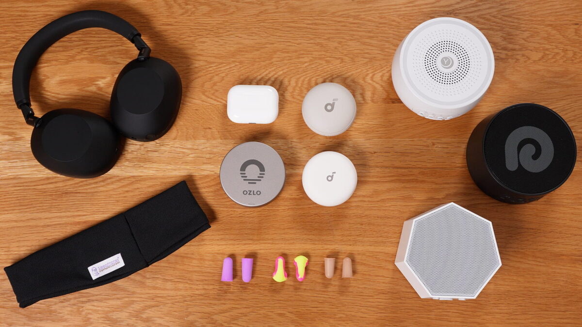 selection of earplugs, headphones, and white noise machines