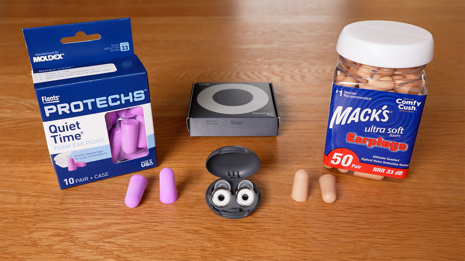 3 earplugs: Flents Protechs Quiet Time, Loop Experience 2 Plus, Mack's Ultra Soft