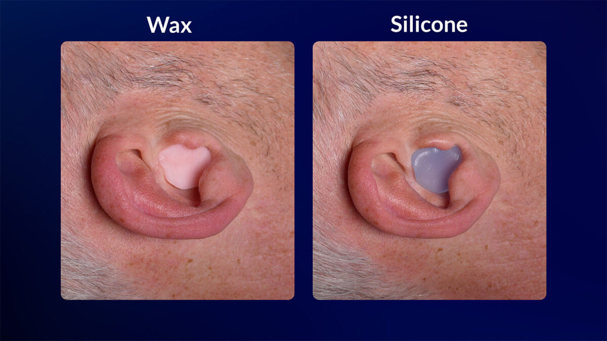 2 photos of ears using wax and silicone earplugs